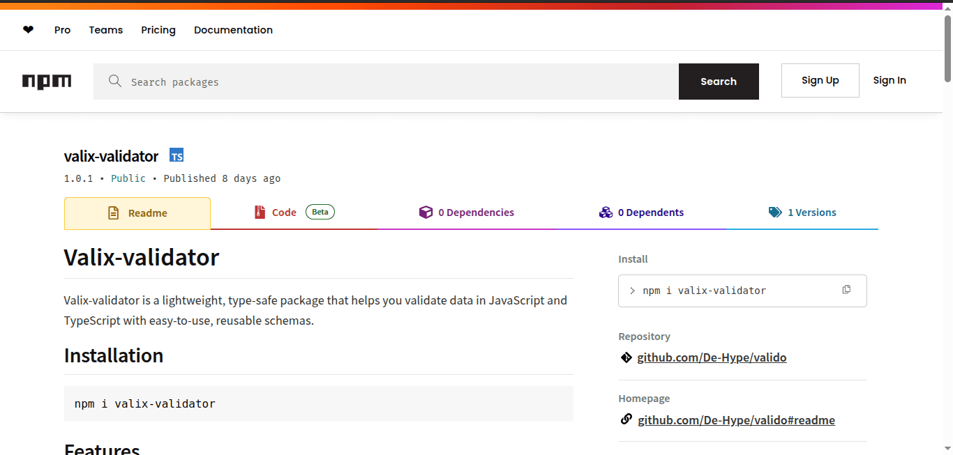 The Valix Validator page on the npm registry